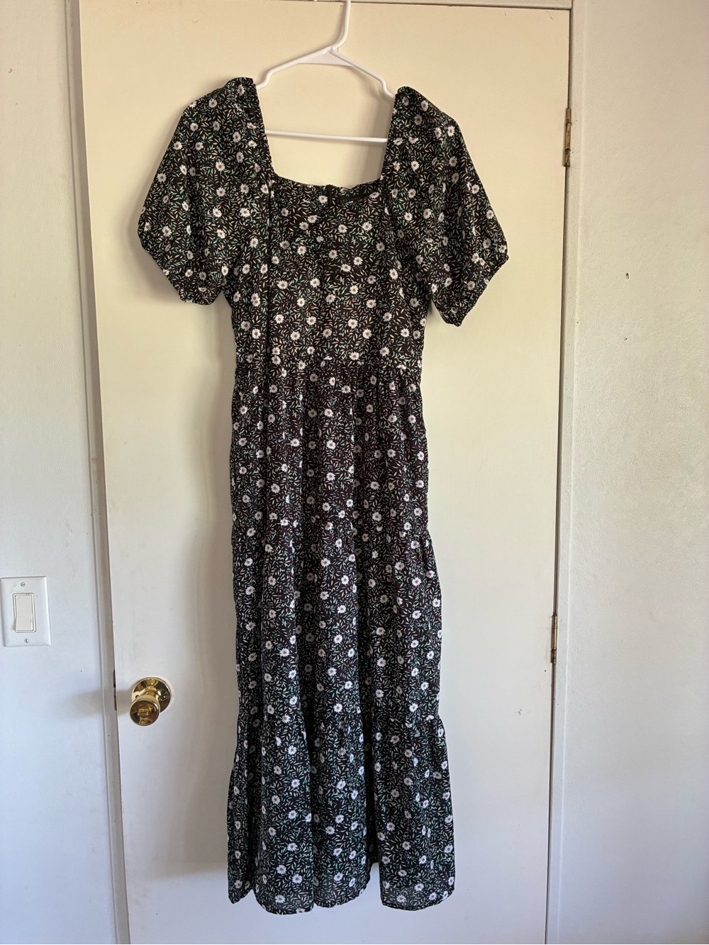 Mikarose Black Floral Square-Neck Puff-Sleeve Maxi Dress